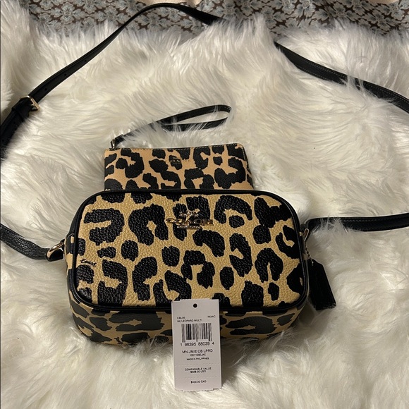 Coach Handbags - Coach Black and Tan Leopard Crossbody/Wristlet Set